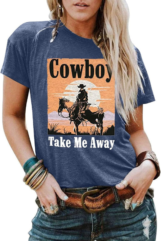 Cowboy Take Me Away Shirts for Women Western Vintage Graphic T-Shirt Casual Rodeo Tee Tops